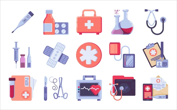 Cuidados de saúde e conjunto de ícones planos médicos —  Vetores de Stock