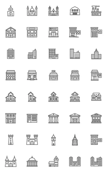 Ciudad edificios línea iconos conjunto — Vector de stock