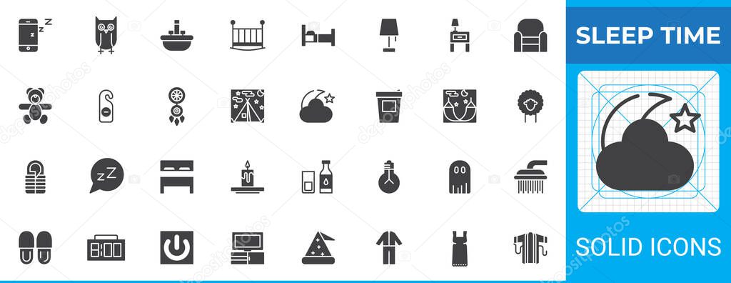 Dream night solid glyph icon pack. Vector icons include baby crib, teddy bear, dreamcatcher, sleep mask, teepee, hammock, lamp, sheep, star, bath, bedtime, pajamas in glyph icon style.