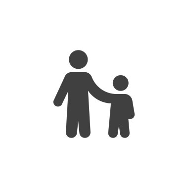 Çocuk katı vektör simgesine sahip ebeveyn. Çocuklu bir yetişkini tasvir eden bir simge, ebeveynlik, bakım ve vasilik teması için mükemmel bir işaret ve sembol..