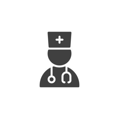 Doktor hemşire katı vektör ikonu. Sağlık hizmetlerini, hastaneleri ve aile sağlığını temsil eden kapağında haç olan bir tıbbi figürün sembolü..