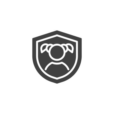 Çocuk koruma kalkanı katı vektör simgesi. Kalkanı olan bir çocuğun sembolü. Güvenlik, güvenlik ve korumayı bir aile işareti ve sembol olarak temsil ediyor..