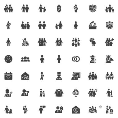 İnsanlar ve Aile Katı Sembol Seti. Vektör işareti ve sembol koleksiyonu. Ebeveynler, bebek, alyanslar, doktor, mezuniyet, yaşlı bakımı, takım çalışması, evlat edinme gibi ikonları içerir.