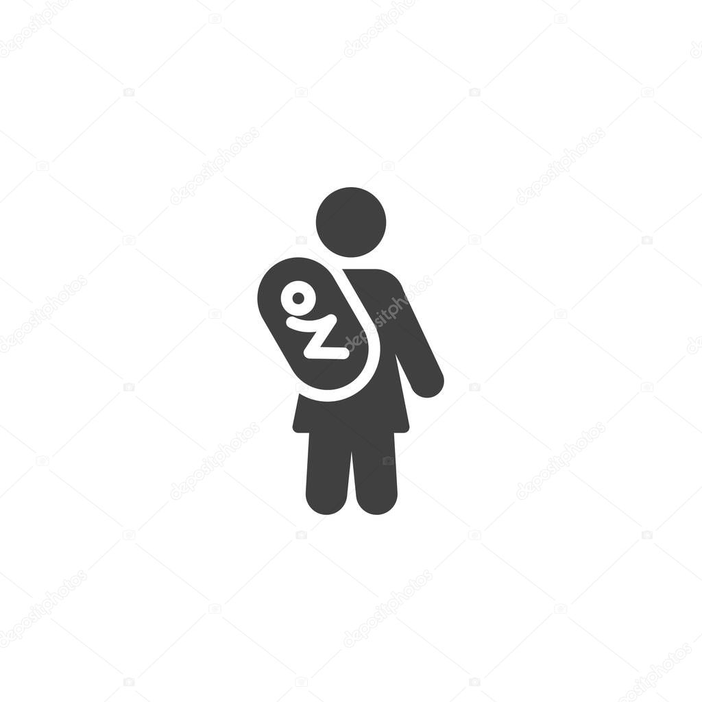 Mother holding baby solid vector icon. A glyph icon of a woman with an infant, representing parenting, nurturing, and maternal care as a family sign and symbol.