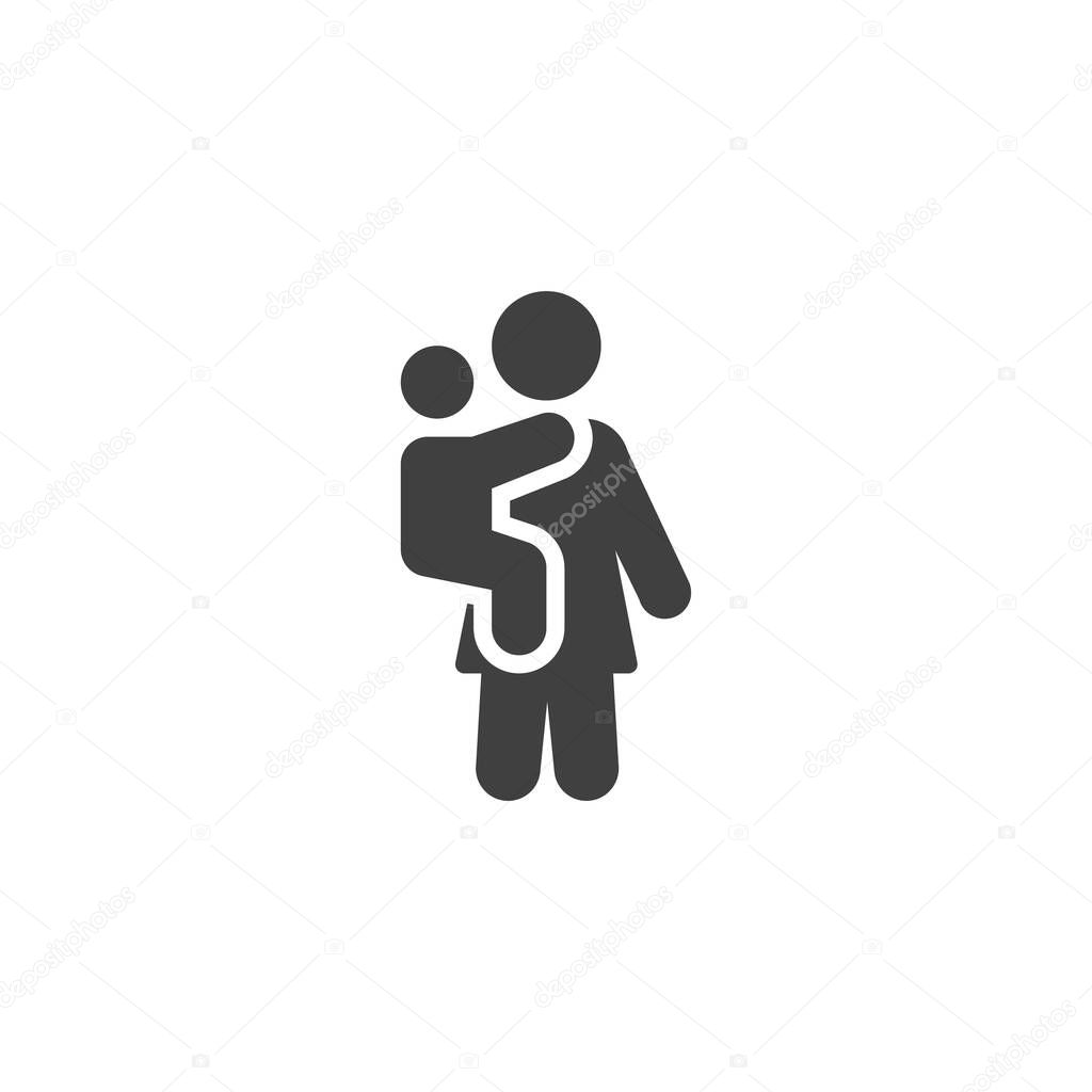 Babysitter holding baby solid vector icon. A glyph icon of an adult with an infant, symbolizing childcare, support, and family service sign and symbol use.