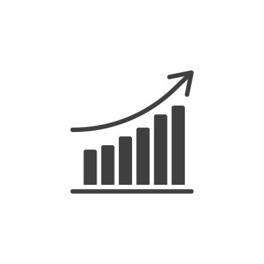 Trend çizelgesi katı vektör simgesi. Bu sembol, gelişimi ve başarıyı sembolize eden yukarı doğru bir ok çizgisini içeriyor. Güvenilir bir analitik imza ve performans veri simgesi.