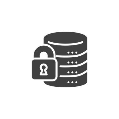 Veri Güvenliği simgesi üst üste dizilmiş veritabanını asma kilitle gösteriyor. Temiz kabartma vektör simgesi koyu işaret ve gizlilik sembolü, yedekler, gösterge panelleri ve siber güvenlik kullanıcıları.