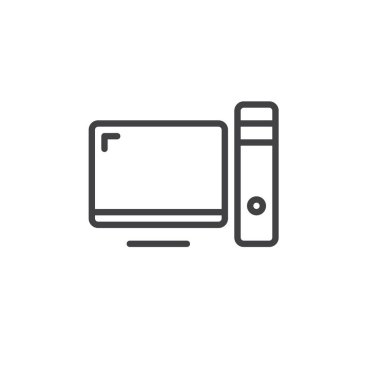 Masaüstü bilgisayar satırı simgesi ekranı ayakta gösteriyor. Genel hesaplama için kullanılan en küçük taslak vektör simgesi. Teknoloji tasarımı için dijital sembol ve logoyu temizle.