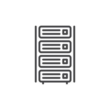 Ana hatlar biçiminde dizilmiş birimlerin sunucu satırı simgesi. Sunucu, bilgisayar ve teknoloji altyapısını temsil eden vektör simgesi. Ağlar için sembol ve logo.