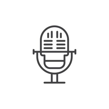 Taslak vektör biçiminde bir mikrofon çizgisi simgesi. Kayıt, ses girişi ve yayın için simge. Teknoloji dijital logosu ve ses ekipmanları sembolü.
