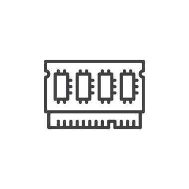 Bellek çipi çizgisi simgesi ana hatlı vektör biçiminde. Bilgisayar, depolama ve donanım bileşenleri için simge. Dijital teknoloji logosu ve sembol tasarımı.