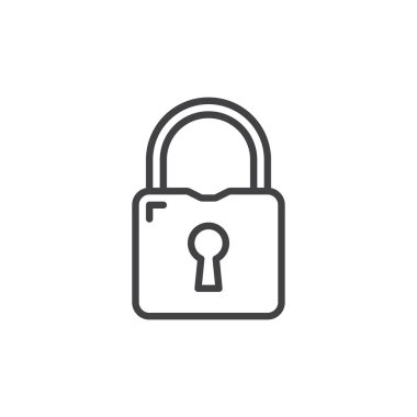 Kapalı asma kilit hattı simgesi. Güvenlik, mahremiyet ve kilitli erişimi temsil eden basit bir taslak vektör simgesi. Güvenlik ve veri koruma logosu için açık sembol tasarımı.