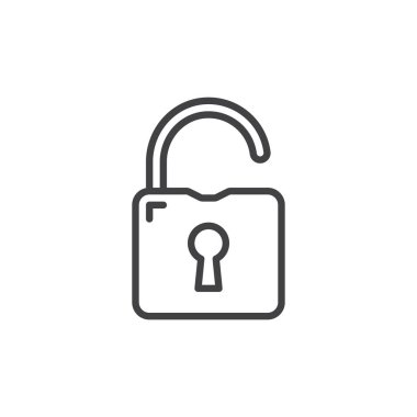 Kilit simgesini aç. Kilitlenmemiş durumu gösteren ana vektör simgesi erişimi, girişi ya da kırılganlığı temsil ediyor. Veri, ağ ve güvenlik tasarımı için açık bir sembol.