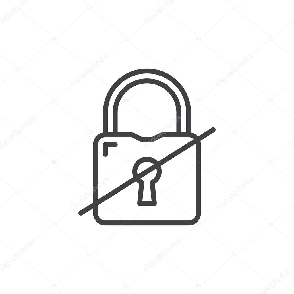 Disabled lock line icon. Outline vector icon with padlock and slash, representing restriction, disabled access, or denied entry. Symbol for privacy or block icon.
