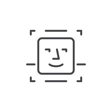 Yüz tanımlama çizgisi simgesi. Biyometrik güvenliği, gizlilik korumasını ve güvenli girişi temsil eden ana vektör simgesi. Kimlik taramasının modern sembolü.