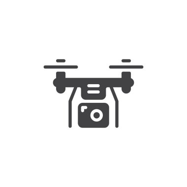 Pervaneli bir dronun katı kabartma simgesi. Bu vektör simgesi hava fotoğrafçılığını, teknolojiyi ve insansız uçan cihaz işaretini temsil eder..