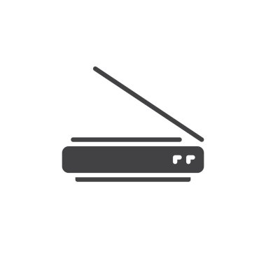 Kağıt tepsisi olan bir tarayıcının katı simgesi. Bu vektör simgesi taramayı, ofis aygıtı teknolojisini ve dijital işaret kullanımını temsil eder.