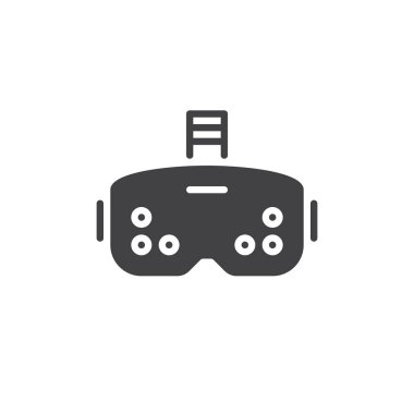 Kayışlı bir VR kulaklığın katı kabartma simgesi. Bu vektör simgesi sanal gerçekliği, oyunu ve teknolojik cihaz işaretini temsil eder..