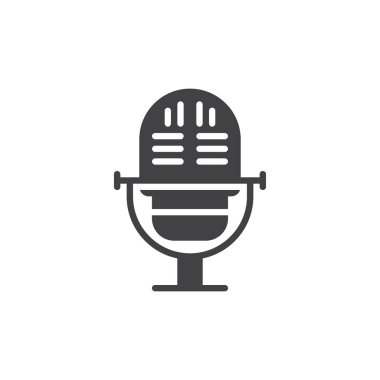 Ayaklı bir mikrofonun katı kabartma simgesi. Bu vektör simgesi ses kaydını, podcast 'i ve ses aygıtı teknolojisini temsil eder..