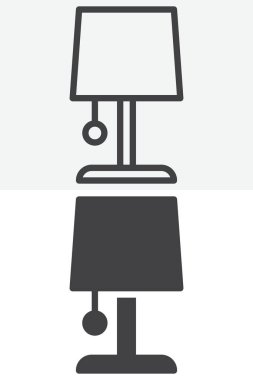 Masa lambası farklı stil simge paketi. Çizgi ve kabartma versiyonu, dış hat ve katı vektör işareti. Düzenlenebilir masa lambası ışık simgesi seti.