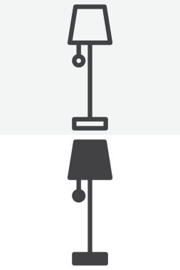 Zemin lambası farklı stil simge paketi. Çizgi ve kabartma versiyonu, dış hat ve katı vektör işareti. Düzenlenebilir vuruş yeri lamba simgesi seti.