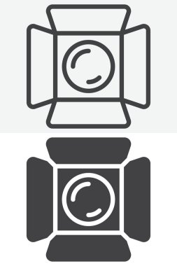 Stüdyo aydınlatma ekipmanları farklı stil ikon paketi. Çizgi ve kabartma versiyonu, dış hat ve katı vektör işareti. Düzenlenebilir felç stüdyo lambası ikonu seti.