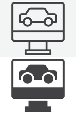 Bilgisayar ekranındaki araba farklı stil simgesi seti. Taslak çizgi ve katı glifli düzenlenebilir vuruş vektör işareti. Otomatik tanılama ekranı simgesi simgesi.