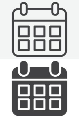 Takvim düğmesi farklı biçim simgesi paketi. Çizgi ve kabartma versiyonu, taslak ve katı, düzenlenebilir vuruş vektörü işareti. Sembol, logo resimleme simgesi.