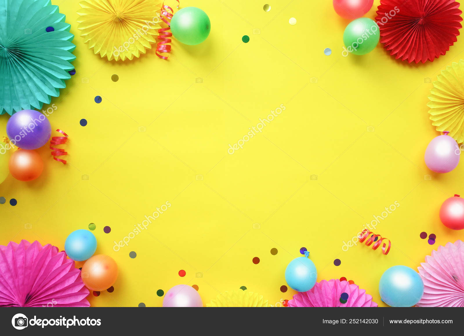 Paper Texture Flowers Different Baloons Yellow Background Birthday Holiday  Party Stock Photo by ©.com 252142030