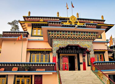 Gangtok, Sikkim, 2 Şubat 2012: Renkli, ince işçilikli, Gonjang Gompa Budizm 'in Nyingma Tarikatı' na ait bir manastırda bulabileceğiniz en eşsiz dini eserlere ev sahipliği yapıyor..
