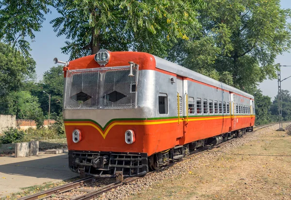 Brightly painted , Indian Railway\'s rail bus or rail motor operating between Mathura and Vrindavan, Uttar Pradesh, India.