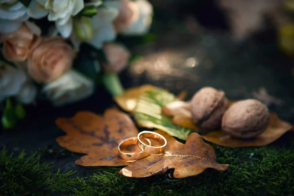 Wedding rings on an orange autumn oak leaf. Concept of autumn wedding