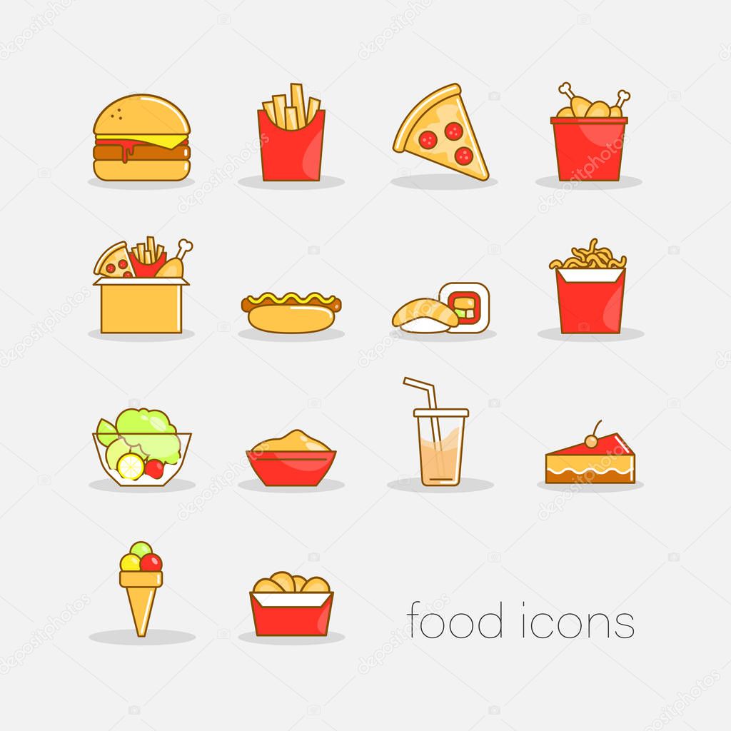 Set of colorful hand drawn doodle style fast food icons. Flat colorful illustration for web.