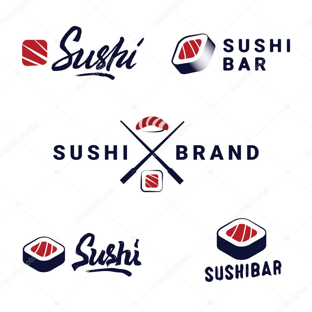 Sushi Shop Logos Templates Set. Vector objects and Icons for Japanese food cafe with salmon. Japanese Food and Rolls Emblems Graphics.