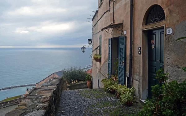 Liguria Italy Buildings Cervo Town Top Hill Winter Mediterranean Sea — Stock Photo, Image