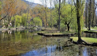 İtalya, Bahar su birikintisi ve Umbrian kırsal bir ormanda. Uzaktan bir çiftlik