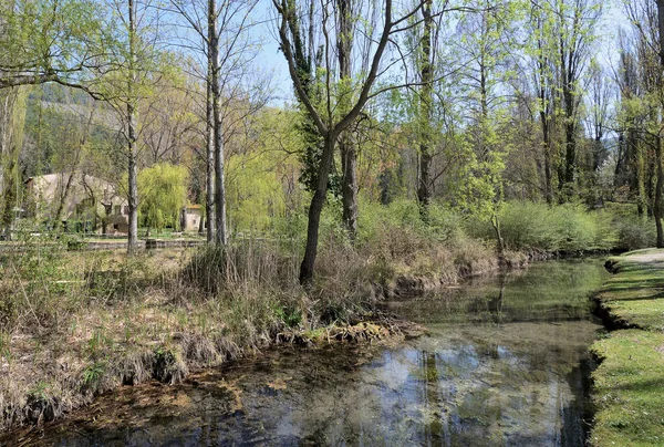 Iitalia Stagno Acqua Sorgiva Bosco Nella Campagna Umbra Agriturismo Lontananza — Foto Stock