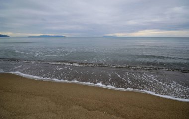 Bulutlu bir bahar gününde Toskana, İtalya'da, Maremma doğal parkı vahşi kıyı şeridi manzara görünümü
