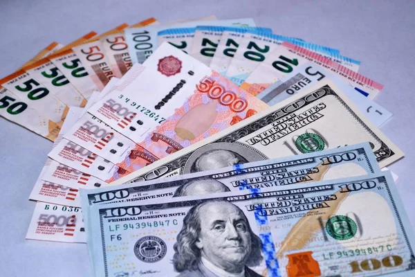 Dinheiro Diferente Dólares Euros Rublos — Fotografia de Stock