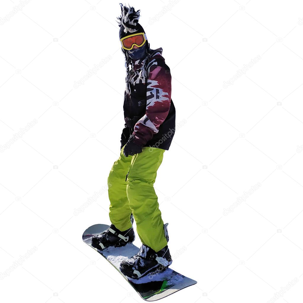 Snowboarder mohawk isolated in green pants