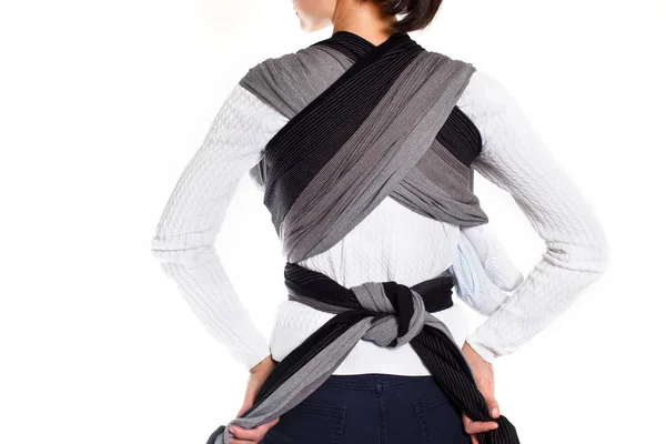 Back view on front cross carry wrap woven baby carrier — Stock Photo, Image