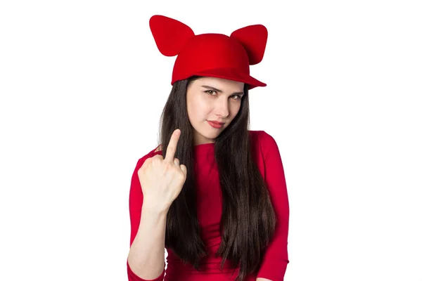 White black haired beautiful young woman with mouse ears hat and — Stock Photo, Image