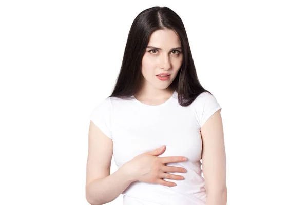 Vonzó érzelmi fiatal nő, fehér póló elszigetelt — Stock Fotó