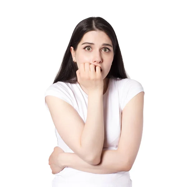 Attractive emotional young woman with a white t-shirt isolated — Stock Photo, Image