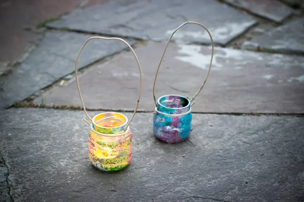 DIY Mason jar házi ötlet gyertyatartó — Stock Fotó