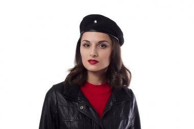 Young pretty woman Ernesto Che Guevara cosplay. clipart