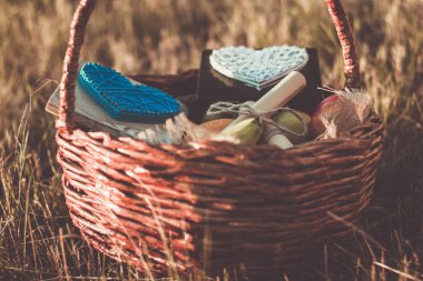 Gün batımı ışığında çimüzerinde romantik bir aşıklar piknik için yiyecek ve aksesuarları ile Sepet.