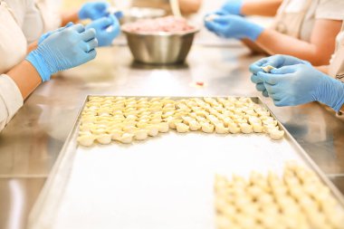 Köfte üretim süreci. Mum kağıdı ile kaplı tepsi üzerinde mavi lastik eldiven ve nemsi işverenlerin elleri.