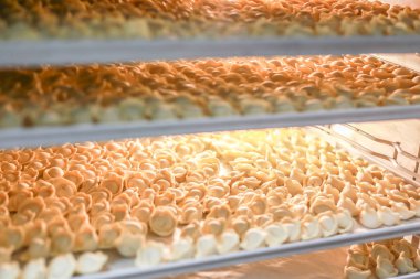 Açık üretim buzdolabında birçok dondurulmuş köfte. Dondurulmuş yarı mamul gıda depolama rafları.