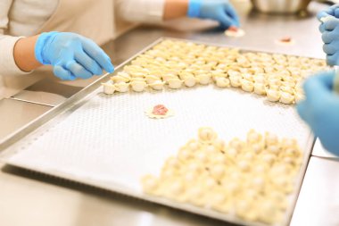 Köfte üretim süreci. Mum kağıdı ile kaplı tepsi üzerinde mavi lastik eldiven ve nemsi işverenlerin elleri.